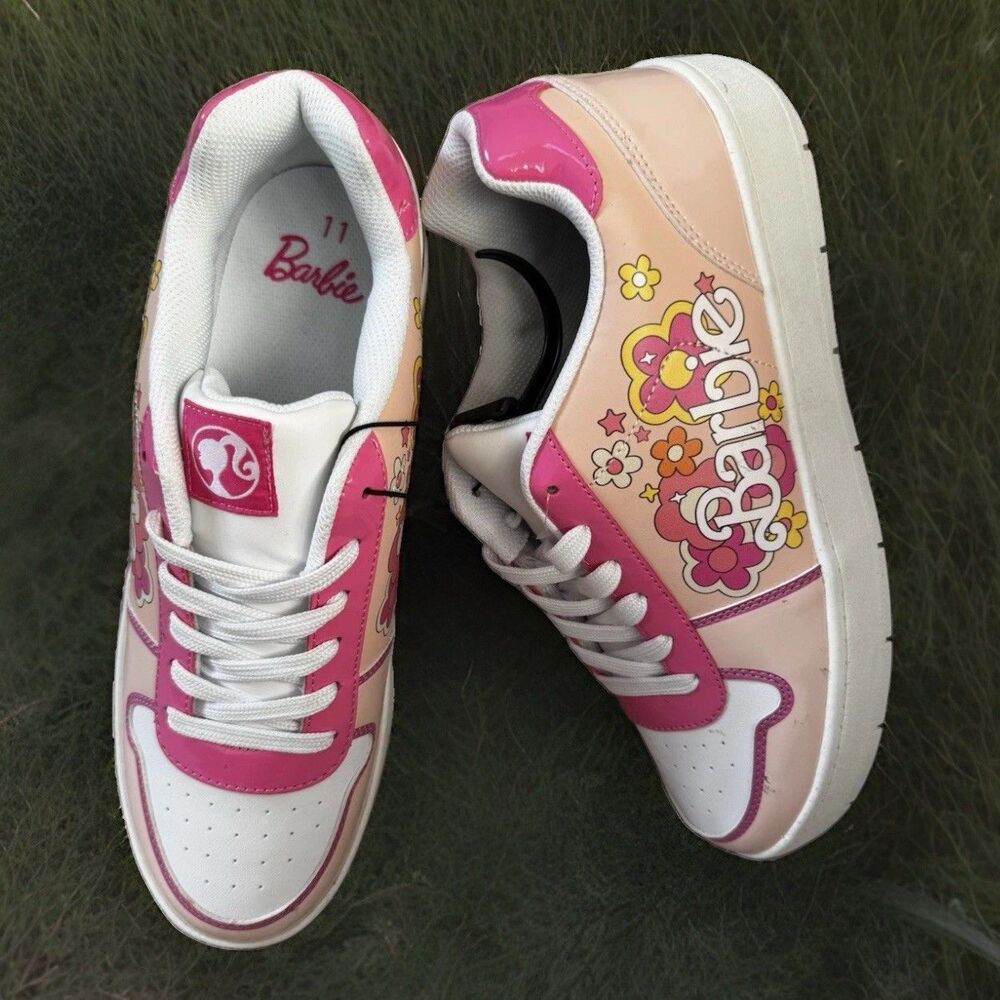 NWT Barbie Brand Sneakers Pink White W/ Yellow Accents Flower Patent Trim W11